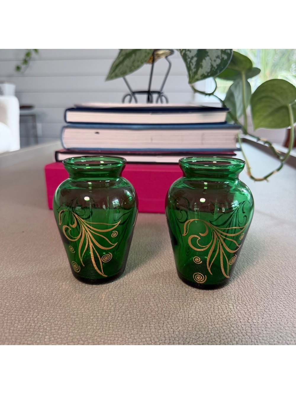 Vintage Pair of Green Glass Bud Vases | Gold Leaf Design